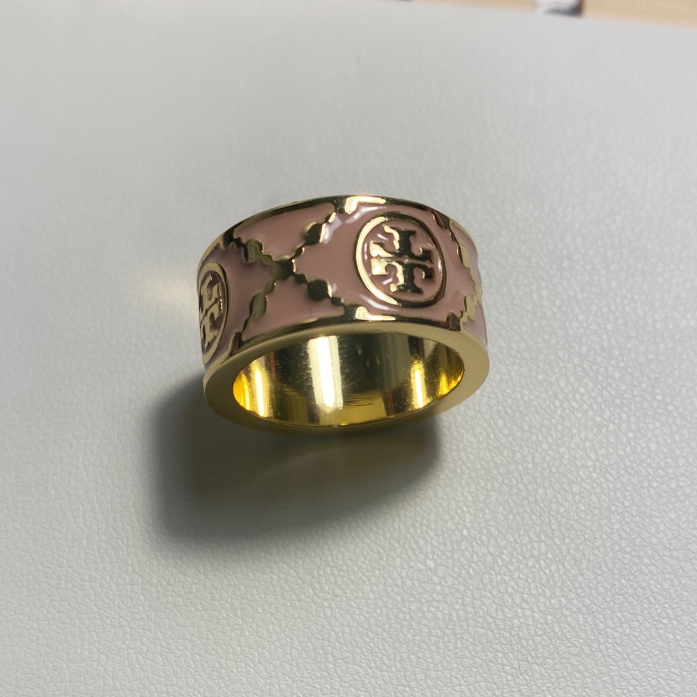 Tory Burch Baby Pink and Gold Band Kira Ring
